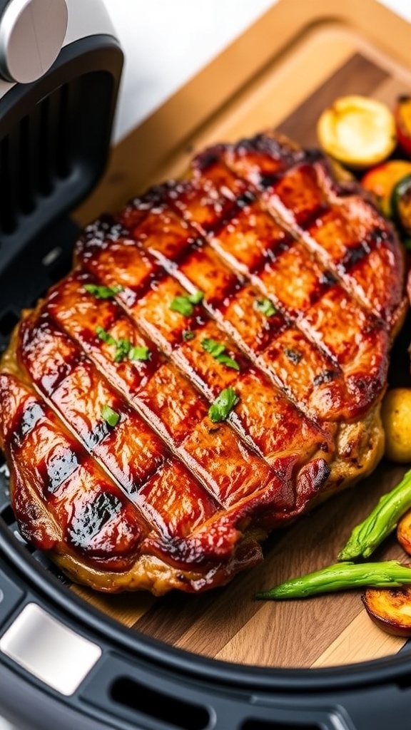 Juicy air fryer steak resting on a cutting board with herbs and roasted vegetables.